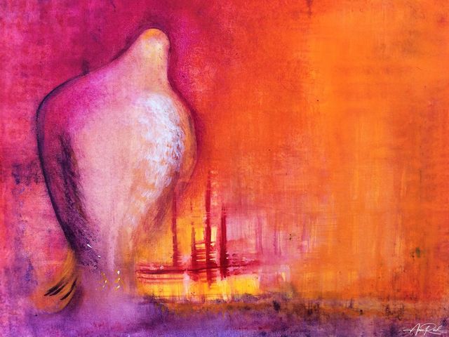 Falcon, acrylic painting by Anne Reid: a pale falcon against glowing pink, orange and red
