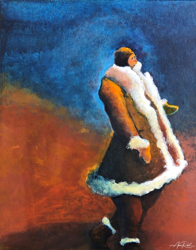 She’s So Fine, acrylic painting by Anne Reid: a figure in a fur-trimmed coat walking against a blue and orange sky